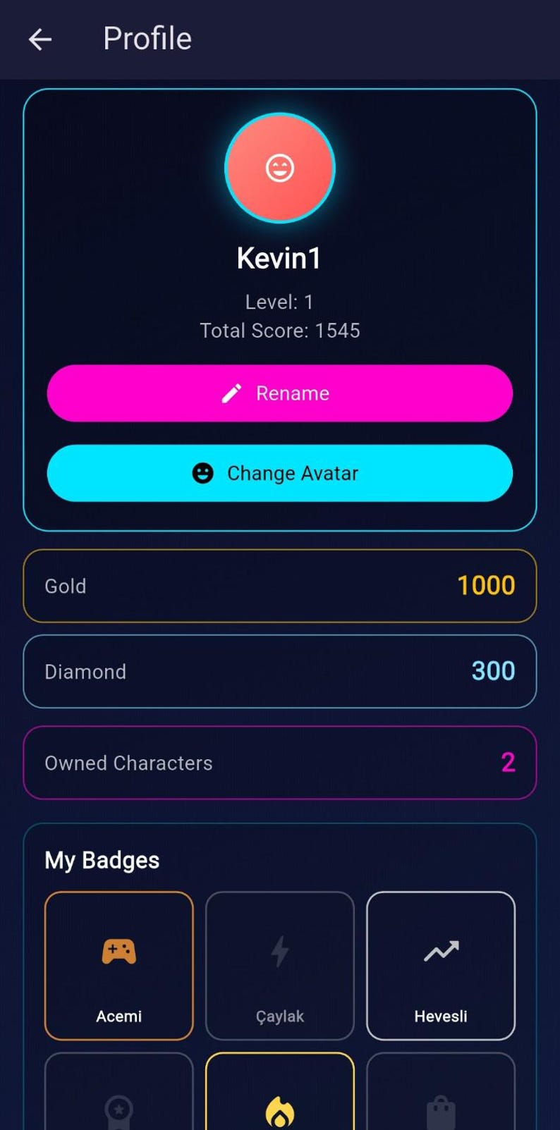 K&ouml;nnte beinhalten: Ein Profilbildschirm einer mobilen App mit dunkelblauem Hintergrund. Das Profil zeigt den Benutzernamen "Kevin1", Level 1 und eine Gesamtpunktzahl von 1545 an. Optionen zum Umbenennen und &Auml;ndern des Avatars sind verf&uuml;gbar, zusammen mit Gold- und Diamantz&auml;hlungen.