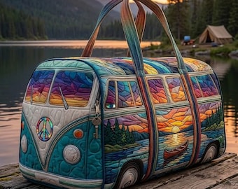 Retro Camping Bus Quilted Duffle Bag, Hippie Travel Bag, Teal Boho Floral Weekender