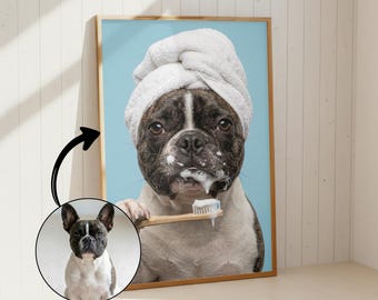 Funny Dog Brushing Teeth Portrait from Photo | Personalised Bathroom Dog Wall Art | Spa Towel Dog Print | Dog Lover Gift