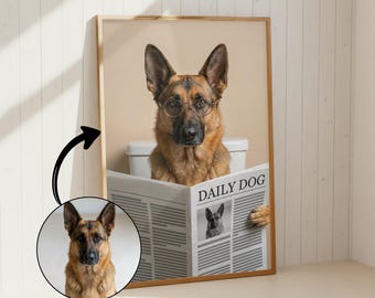 Funny Dog on Toilet Portrait from Photo | Personalised Bathroom Dog Wall Art | Newspaper Dog Print | Dog Lover Gift
