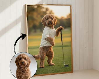 Custom Golf Dog Portrait from Photo | Custom Pet Golfer Wall Art | Funny Dog Lover Gift | Golf Gift for Dog Lovers | Golf Course Pet Poster