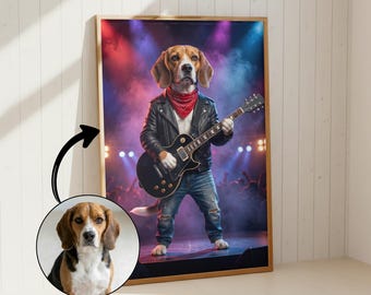 Custom Rockstar Dog Portrait from Photo | Funny Personalised Guitar Dog Wall Art | Unique Dog Lover Gift
