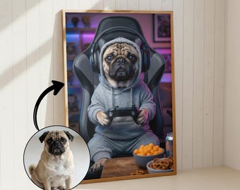 Custom Gaming Dog Portrait from Photo | Funny Gamer Dog Wall Art | Personalised Gamer Gift | Dog Playing Video Games Portrait