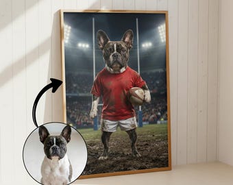 Custom Rugby Dog Portrait from Photo | Funny Personalised Rugby Dog Wall Art | Unique Dog Lover Gift