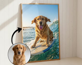 Surfer Geschenk Portrait vom Foto | Lustiger surfender Hund Wandkunst | Personalisierter Hundeliebhaber Stranddruck