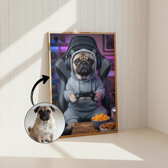 Custom portrait of YOUR dog painted as a gamer — absurdly specific niche crossover that hits dog owner + gamer in one funny shot.