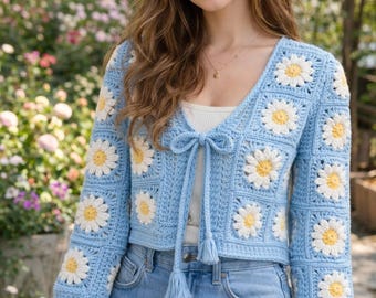 Cardigan carré au crochet pour grand-mère Daisy | Pull en tricot bohème PDF (téléchargement instantané)