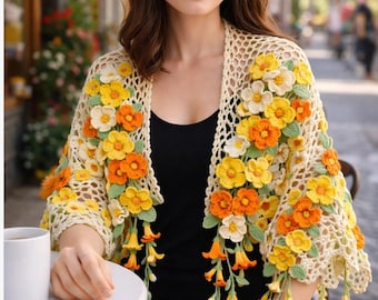 Wzór na szydełkowy szal z motywem kwitnących kwiatów | Koronkowy szal botaniczny (do pobrania w formacie PDF)