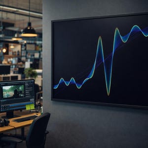 Puede incluir: Un entorno de oficina moderno con un monitor grande que muestra un gráfico de forma de onda colorido. Una estación de trabajo con una computadora portátil, un monitor y auriculares está en primer plano. La oficina tiene un ambiente creativo y centrado en la tecnología.