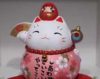 Pink Maneki Neko Coin Bank – Japanese Lucky Cat with Daruma