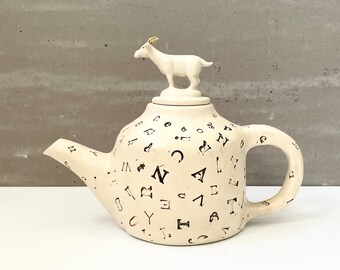 handmade ceramic teapot - golden horned goat- letterpress