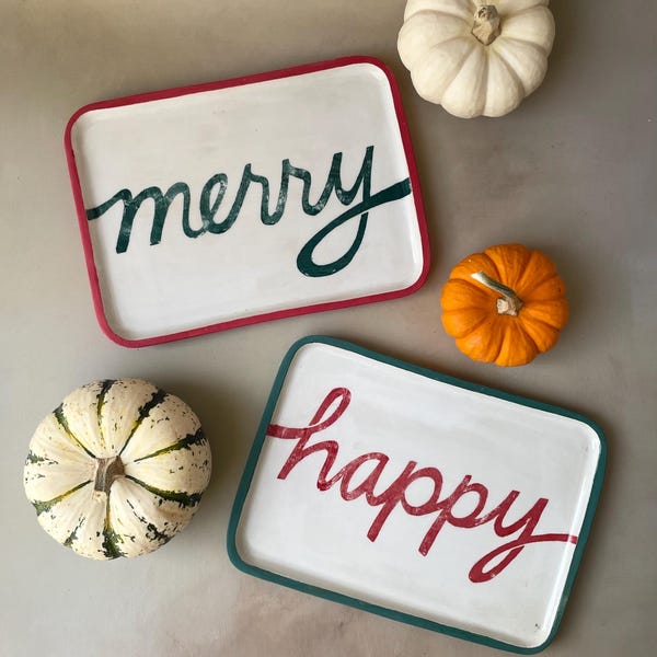 hand built holiday trays - Exclusively on Etsy! - green and red - happy or merry or both!
