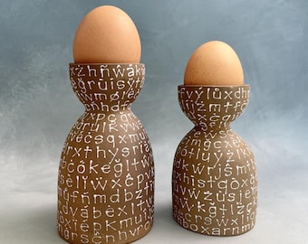 handmade egg cups - brown with white letters - handwritten letters - two sizes