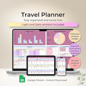 May include: A digital travel planner displayed on a laptop, tablet, and smartphone. The planner includes sections for budgeting, expenses, and packing lists. The text "Travel Planner" and "Google Sheets - Instant Download" are visible.