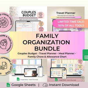 May include: A digital Family Organization Bundle graphic with the text "Family Organization Bundle" and "Couples Budget - Travel Planner - Meal Planner - Family Chore & Allowance Chart". Includes automated visual charts, gamified chore & task planner, and the ability to know your exact spending at any time.
