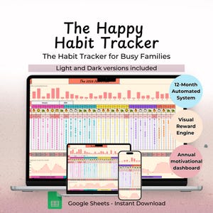 May include: A digital habit tracker displayed on a laptop, tablet, and smartphone. The screen shows a colorful spreadsheet with habit tracking data. Text on the image includes "The Happy Habit Tracker" and "Google Sheets - Instant Download."