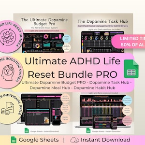Könnte beinhalten: Digitales Produktpaket für den ADHD-Life-Reset, einschließlich Budget-, Aufgaben-, Mahlzeiten- und Gewohnheits-Hubs. Enthält helle und dunkle Versionen, mit einem zeitlich begrenzten Angebot von 50% Rabatt auf alle Tools.