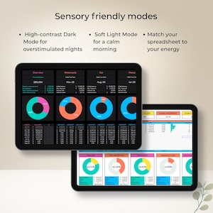 Op de afbeelding: Twee digitale tablets met financi&euml;le spreadsheet-interfaces en zintuigvriendelijke modi. De schermen tonen donkere en lichte thema's met kleurrijke ringdiagrammen, tabellen en de tekst Sensory friendly modes, High-contrast Dark Mode en Soft Light Mode.