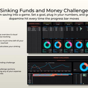 Op de afbeelding: Een digitaal spreadsheet-sjabloon getiteld Sinking Funds and Money Challenge met donkere dashboards met tabellen, ringdiagrammen en lijngrafieken om spaardoelen, voortgangsbalken en maandelijkse financi&euml;le doelen voor categorie&euml;n bij te houden.