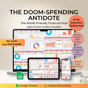 May include: A digital financial hub displayed on a laptop, tablet, and smartphone. The interface features charts and graphs with the text "THE DOOM-SPENDING ANTIDOTE" and "The ADHD-Friendly Financial Hub." Additional text includes "No math just DOPAMINE" and "Light & Dark modes included."