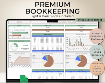 Ultimate Bookkeeping Template Small Business Bookkeeping Spreadsheet Google Sheets Accounting Ledger 5 Year Income Expense Tracker P&L Chart