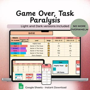 Gamified Housework Tracker ADHD Dopamine Points System Google Sheets Family Chore Dashboard Executive Dysfunction Home Family Organizer Tool