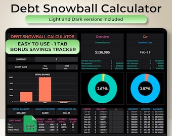 Debt Snowball Calculator Dark Theme Google Sheets Payoff Tracker Minimalist Personal Finance Spreadsheet Monthly Loan Credit Card Tracker
