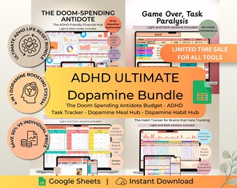 ADHD Ultimate Dopamine Bundle Doom Spending Antidote Budget Meal Plan Habit Task Tracker Executive Dysfunction System Google Sheets Planner