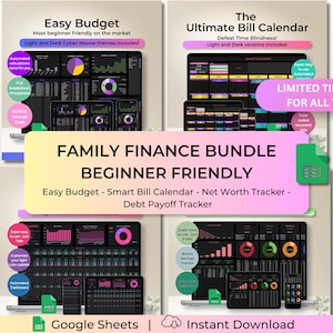 Family Finance Bundle Google Sheets | Monthly Budget Planner | Debt Payoff Tracker Net Worth Dashboard | Bill Calendar Household Manager Hub