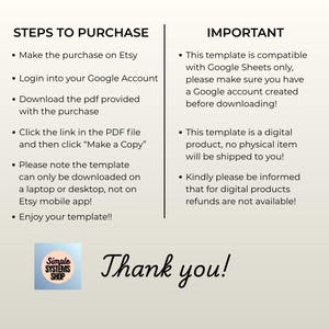 May include: A digital product information sheet with the text "STEPS TO PURCHASE" and "IMPORTANT". The sheet includes instructions for purchasing and downloading a template, and notes about compatibility and refunds. The words "Thank you!" are also displayed.
