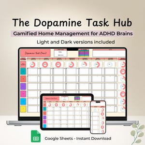 Peut inclure: Un système de gestion des tâches numérique affiché sur un ordinateur portable, une tablette et un smartphone. L'écran affiche un tableau rose et blanc intitulé "Dopamine Task Chart". Le texte en haut indique "The Dopamine Task Hub" et "Gamified Home Management for ADHD Brains."