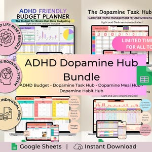 Op de afbeelding: Een digitaal ADHD Dopamine Hub-pakket met een budgetplanner, takenhub, maaltijdhub en gewoontehub. De weergave toont diverse Google Sheets-interfaces op laptops en mobiele apparaten met kleurrijke grafieken, tabellen en labels.