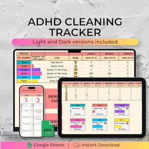 Pode incluir: Um rastreador de limpeza para TDAH exibido em um laptop, tablet e telefone. O planejador digital inclui um gráfico de progresso, emblemas de nível e um gráfico de tarefas. O texto diz "ADHD Cleaning Tracker" e "Light and Dark versions included."