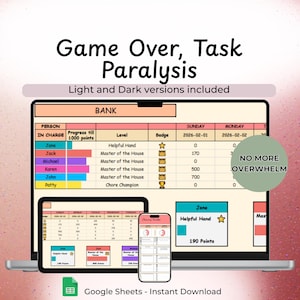 Rastreador de tareas domésticas gamificado Sistema de puntos de dopamina para TDAH Hojas de cálculo de Google Panel de tareas familiares Disfunción ejecutiva Herramienta de organización familiar para el hogar