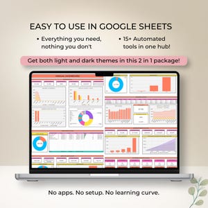 Op de afbeelding: Een laptopscherm met een jaarlijks dashboard voor Google Sheets met diverse grafieken en gegevenstabellen. De tekst luidt: EASY TO USE IN GOOGLE SHEETS, Everything you need, nothing you don't, 15+ Automated tools in one hub!, Get both light and dark themes in this 2 in 1 package!, No apps. No setup. No learning curve.