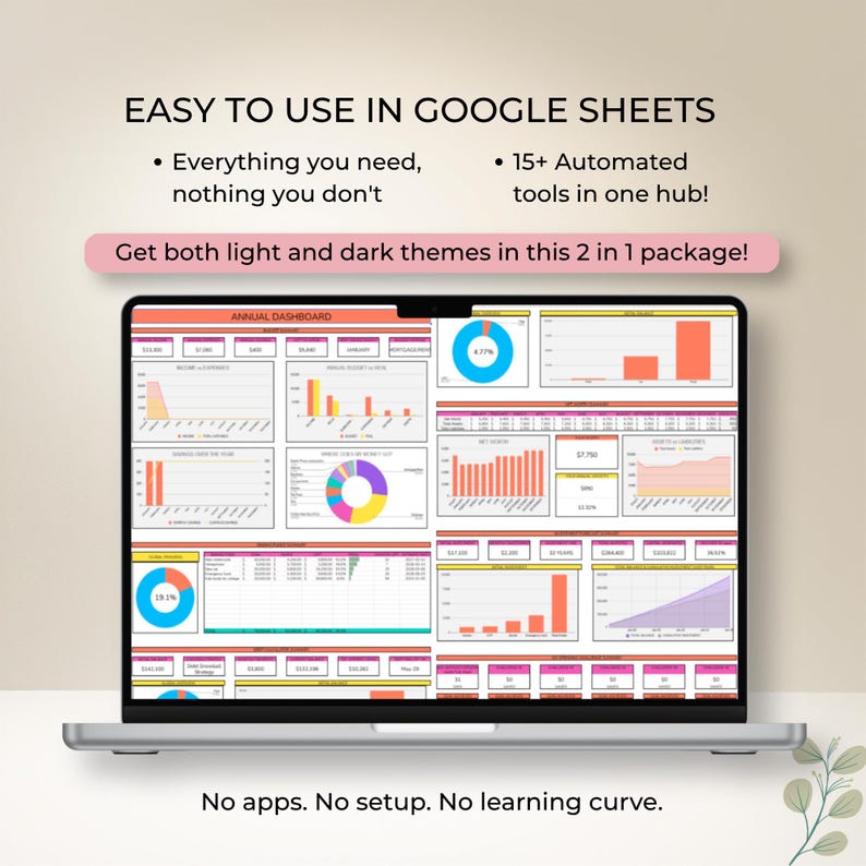 Op de afbeelding: Een laptopscherm met een jaarlijks dashboard voor Google Sheets met diverse grafieken en gegevenstabellen. De tekst luidt: EASY TO USE IN GOOGLE SHEETS, Everything you need, nothing you don't, 15+ Automated tools in one hub!, Get both light and dark themes in this 2 in 1 package!, No apps. No setup. No learning curve.