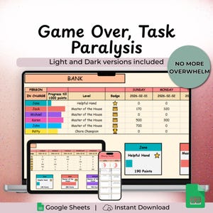 May include: A digital task management system displayed on a laptop, tablet, and smartphone. The interface features a table with progress tracking, levels, and badges. The text "Game Over, Task Paralysis" is at the top, with "No More Overwhelm" in a circle.