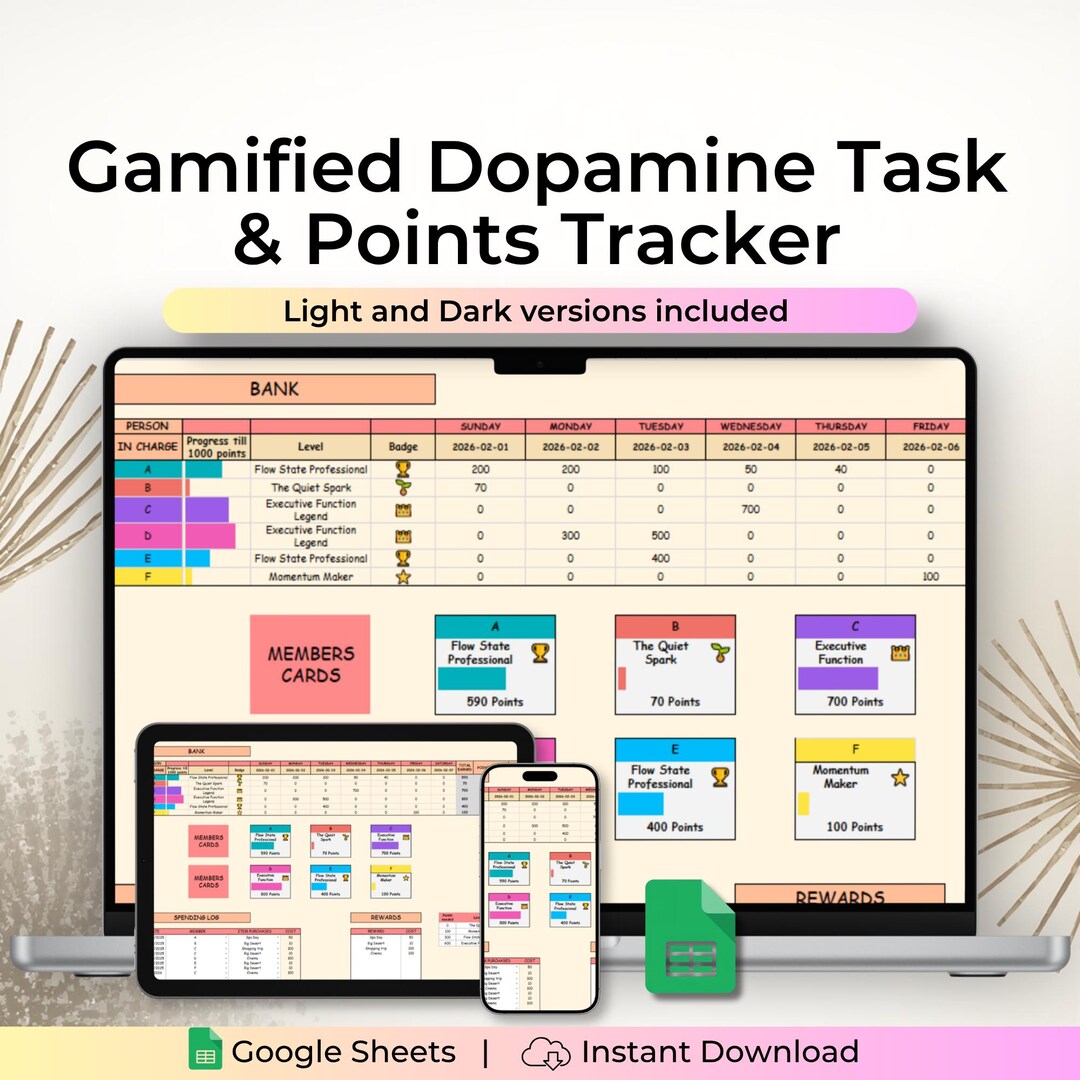 ADHD Dopamine Task Hub Google Sheets Gamified Chore Chart for Adults ...