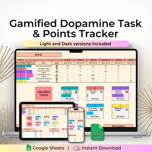 Può includere: Un tracker digitale gamificato di attività e punti di dopamina visualizzato su laptop, tablet e telefono. Il design include un layout di foglio di calcolo con sezioni per il monitoraggio dei progressi, dei livelli e dei premi. Il testo include "Gamified Dopamine Task & Points Tracker".