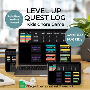 May include: A digital chore chart titled "LEVEL UP QUEST LOG Kids Chore Game" displayed on a laptop, tablet, and phone. The chart features a gamified design with progress bars, point tracking, and the text "GAMIFIED FOR KIDS."