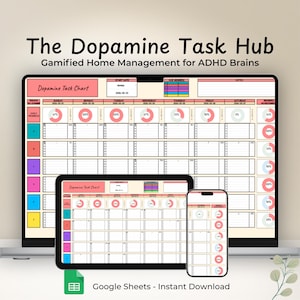Może przedstawiać: Cyfrowy pulpit nawigacyjny do zarządzania zadaniami zatytułowany The Dopamine Task Hub: Gamified Home Management for ADHD Brains, wyświetlany na laptopie, tablecie i smartfonie. Interfejs zawiera cotygodniowy wykres zadań z okręgami postępu i wierszami oznaczonymi kolorami.