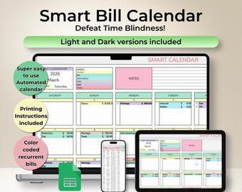 Smart Bill Calendar Monthly Bill Tracker Spreadsheet Payment Schedule Bill Automated Dashboard Debt Expense Manager Dark Mode Google Sheets