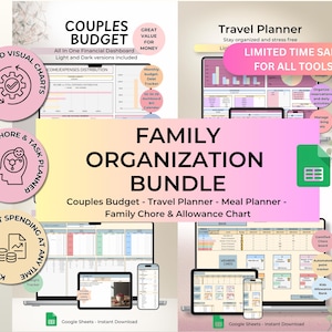 May include: A digital family organization bundle featuring a couples budget, travel planner, meal planner, and family chore chart. The display includes various dashboard interfaces, automated visual charts, and task trackers on screens with pink and beige accents.