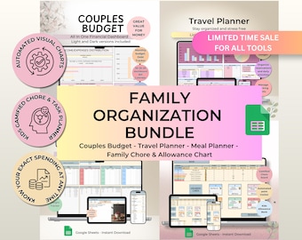 Family Organization Bundle Google Sheets | Ultimate Household Planner | Meal Prep Travel Budget Chore Chart | All In One Home Management Hub