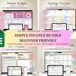 Peut inclure: Un ensemble de gestion financière numérique pour Google Sheets comprenant un budget simple, un suivi d'épargne, un suivi de factures et un planificateur de tâches. L'affichage montre divers écrans sur ordinateurs, tablettes et smartphones.