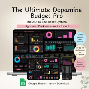 Puede incluir: Una presentación de producto digital con un portátil, una tableta y un smartphone, todos mostrando un panel financiero. El texto dice "The Ultimate Dopamine Budget Pro" e incluye funciones como un presupuesto mensual y un rastreador de deudas.