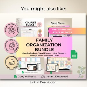 Op de afbeelding: Een digitaal familieorganisatiepakket met een budget voor koppels, reisplanner, maaltijdplanner en een overzicht voor huishoudelijke taken. De afbeelding toont tekstoverlays, ronde iconen en Google Sheets-branding voor diverse planningstools.