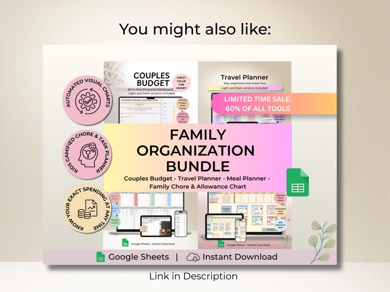 Op de afbeelding: Een digitaal familieorganisatiepakket met een budget voor koppels, reisplanner, maaltijdplanner en een overzicht voor huishoudelijke taken. De afbeelding toont tekstoverlays, ronde iconen en Google Sheets-branding voor diverse planningstools.