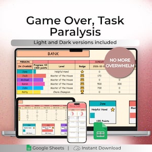 Gamified Cleaning Tracker ADHD Dopamine Chore Chart Google Sheets Level Up Housework Points System Plan Fun Task Manager for Neurodivergent