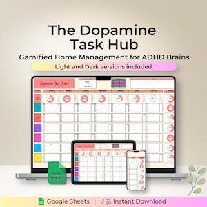 Puede incluir: Un portátil, una tableta y un smartphone muestran un gráfico de tareas colorido titulado "The Dopamine Task Hub". La imagen incluye el texto "Gamified Home Management for ADHD Brains" y "Light and Dark versions included". También se ve un icono verde de Google Sheets y un icono de nube con las palabras "Instant Download".